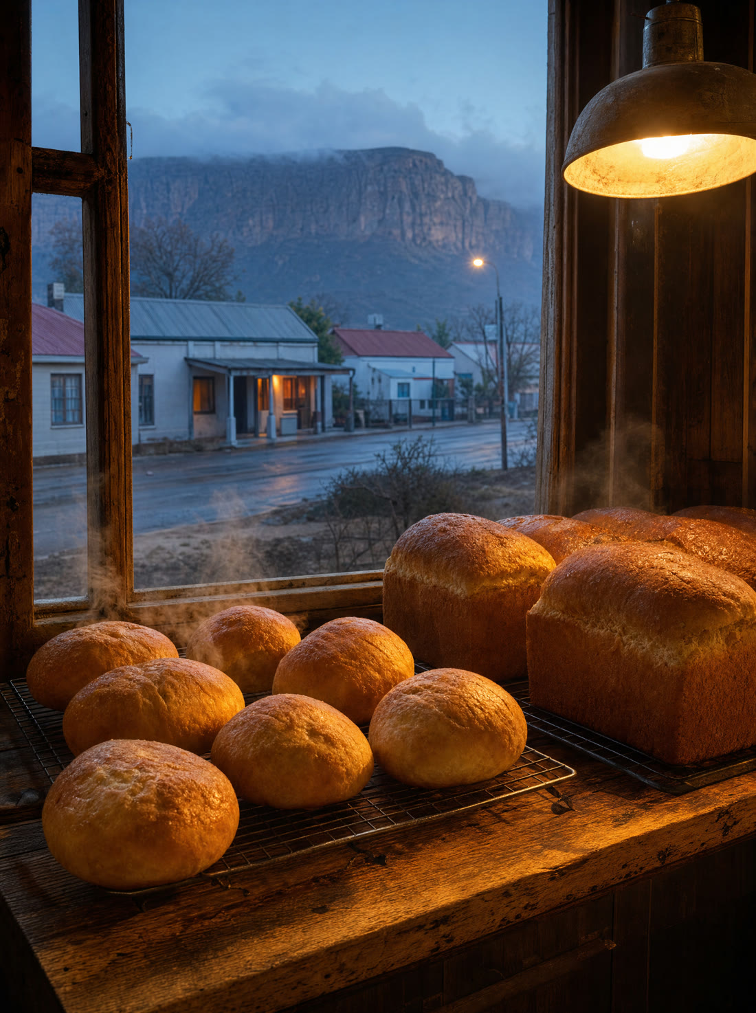 Fresh loaves and vetkoek cooling on a wooden bakery counter by the window